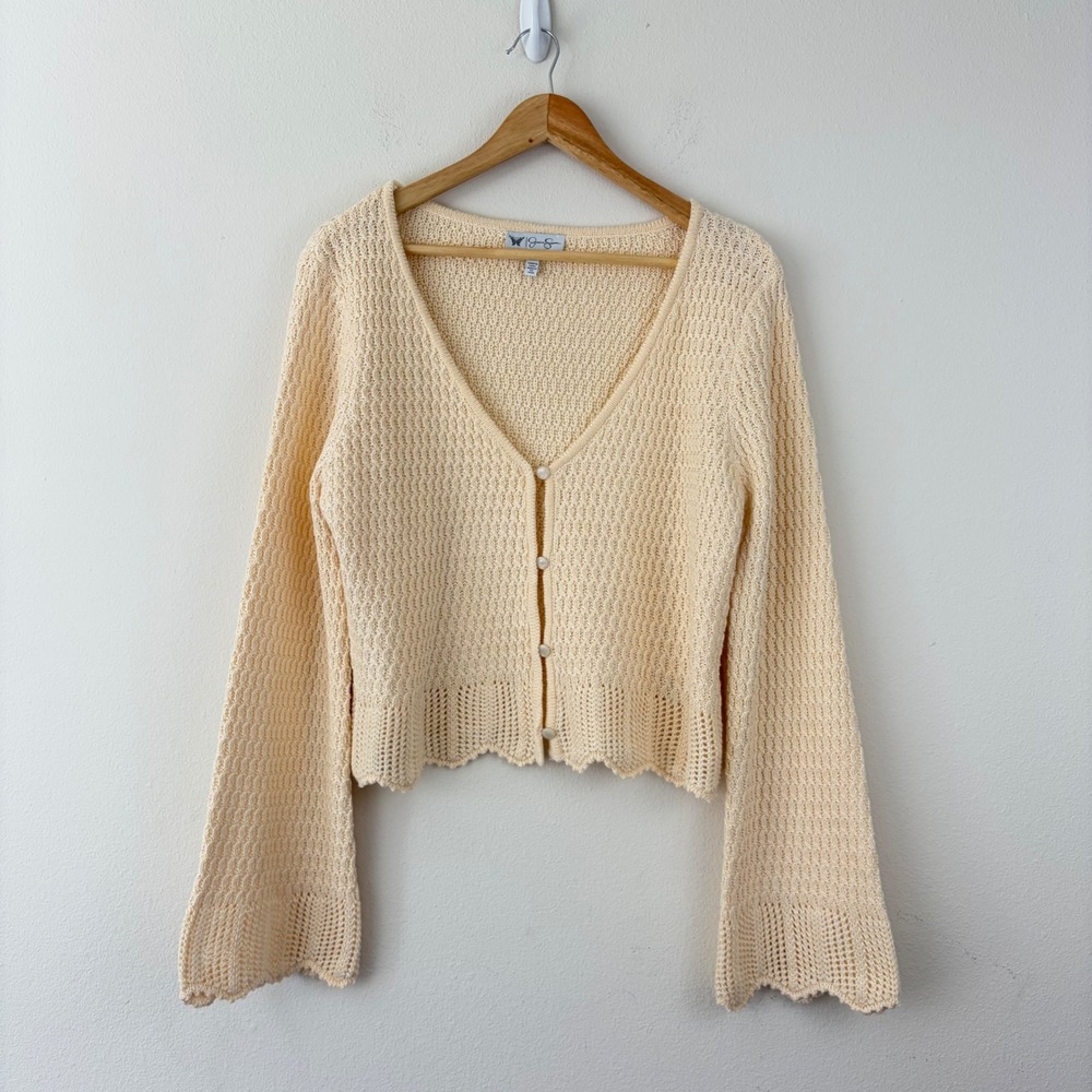 Cottagecore Cream Open Knit Bell Sleeve Scalloped Cardigan Sweater Large